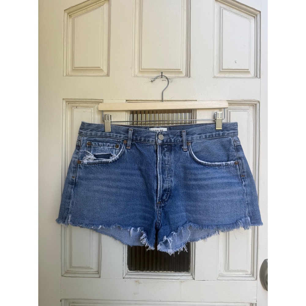 AGOLDE Parker High Rise Distressed Denim Shorts Medium Blue Wash Size 30